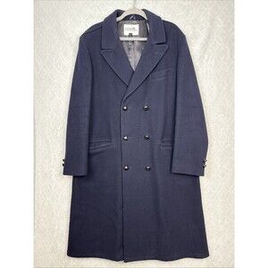 Vtg Wool Trench Coat Men 44Tall Navy Blue Double Breasted Overcoat Retro Classic